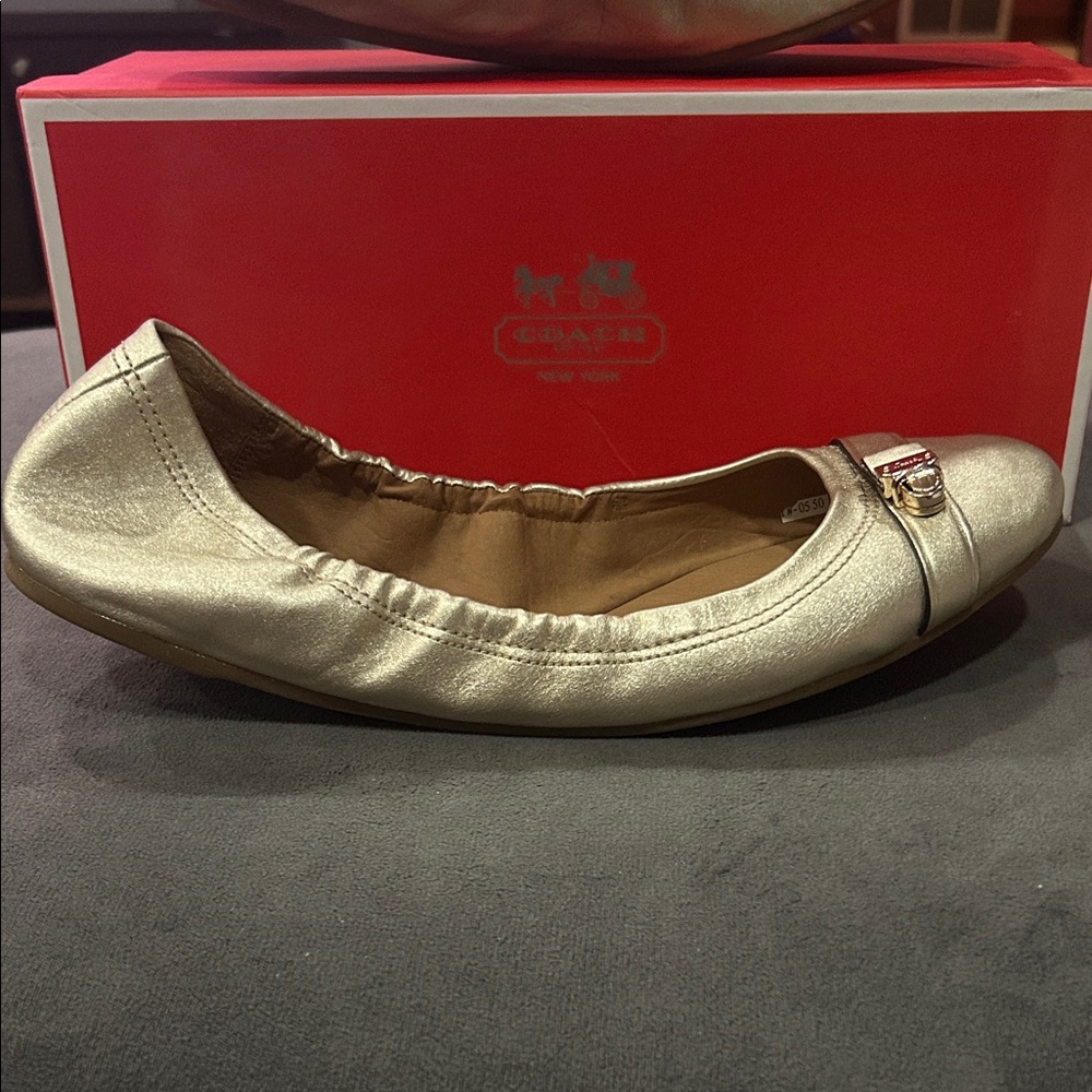 Coach Women's Metallic Gold Ballet Flats with Logo Buckle - Picture 2 of 4